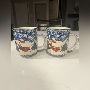 Vintage Folk Craft Cabin In The Snow Tienshan Christmas Holiday Mug Cup Set of 2
